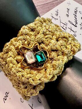 GOLD LAME CUFF/BRACELET~Handmade~Gold Lame Ribbon Yarn~Decorative Metal Button